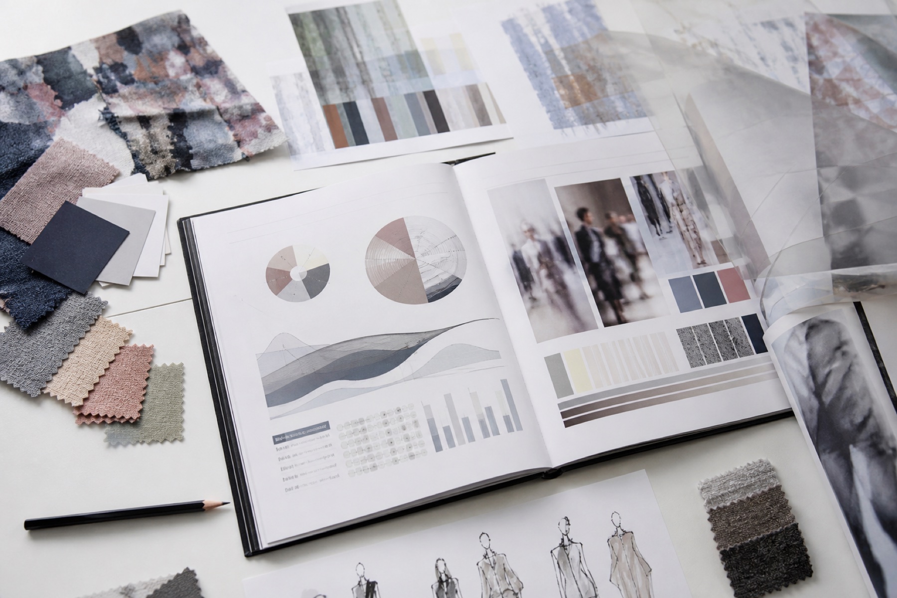 Informe visual con paleta, gráficos y muestras textiles