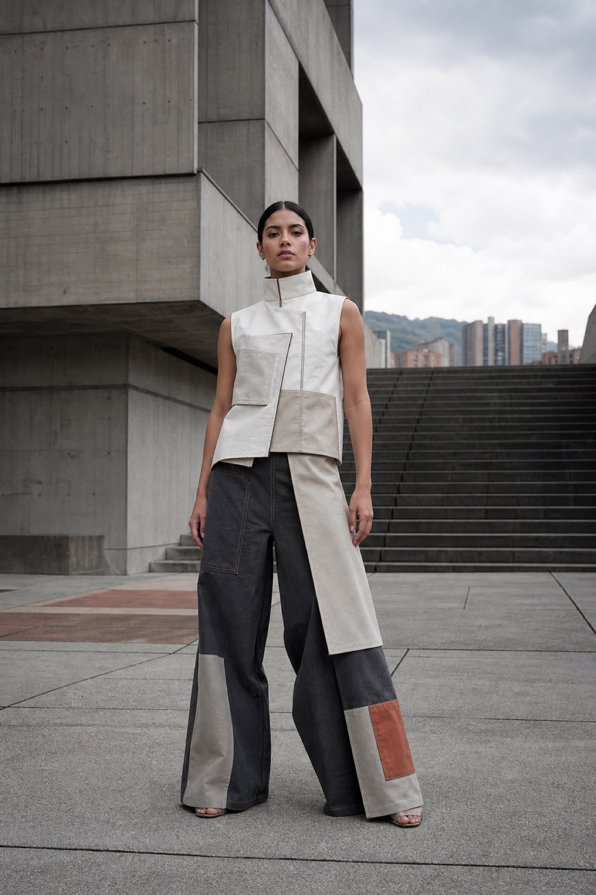 Prenda de la colección Raíz Urbana fotografiada frente a arquitectura de concreto en Medellín
